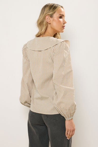 Long Tall Sally Brown Cotton Gingham Check Collar Shirt