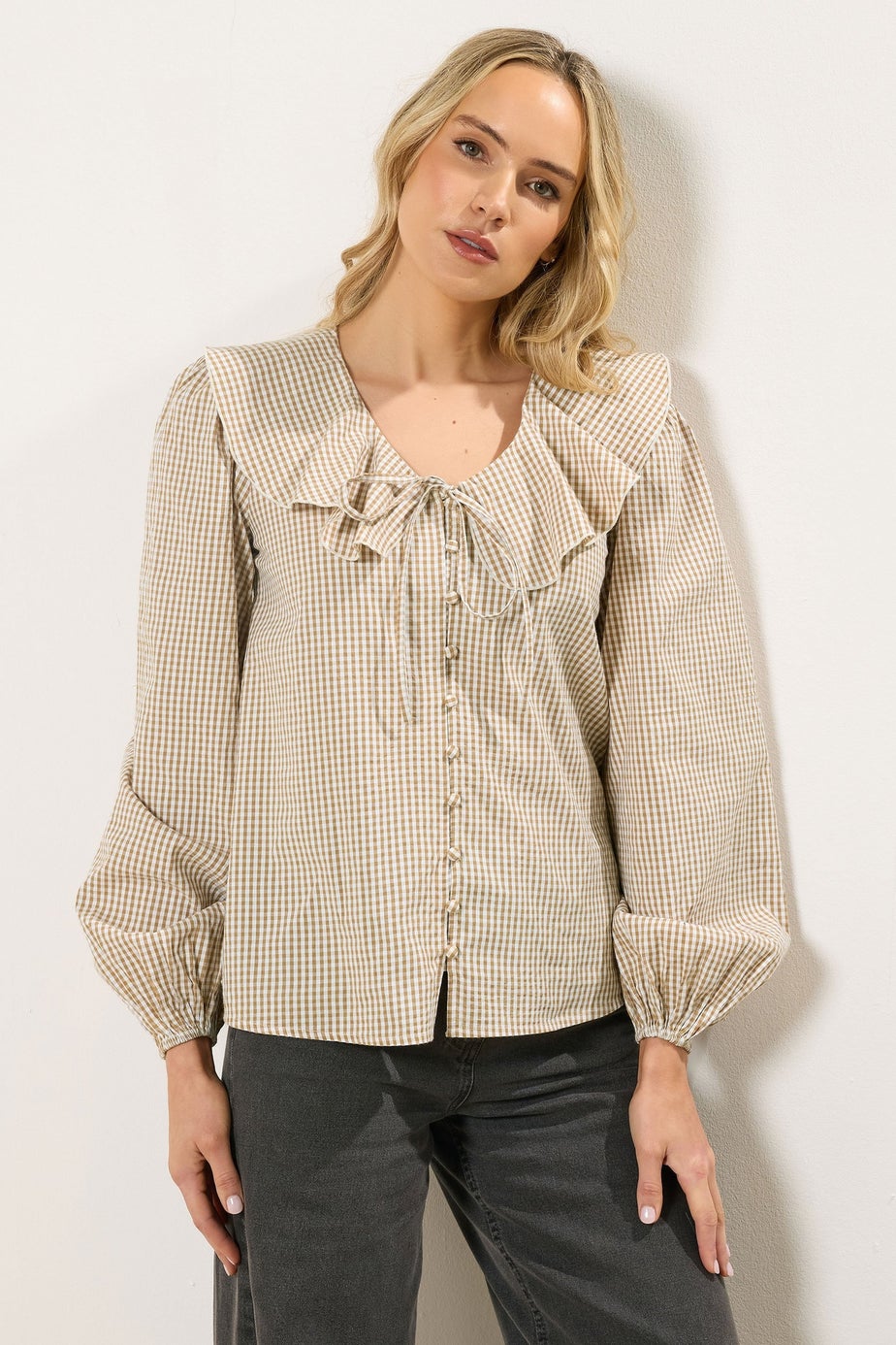 Long Tall Sally Brown Cotton Gingham Check Collar Shirt