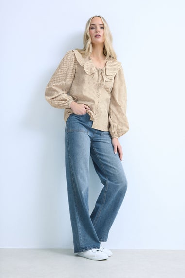 Long Tall Sally Brown Cotton Gingham Check Collar Shirt