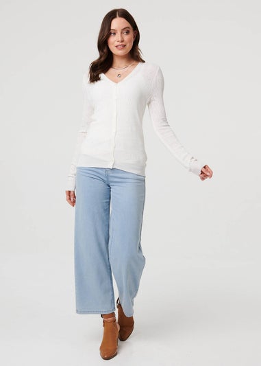 Izabel London White Semi Sheer Heart Textured Slim Cardigan