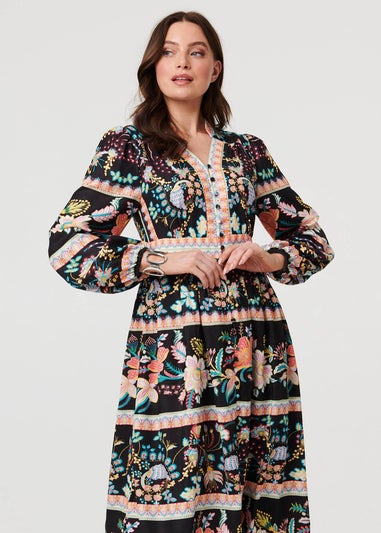 Izabel London Black Floral Long Sleeve Buttoned Midi Dress