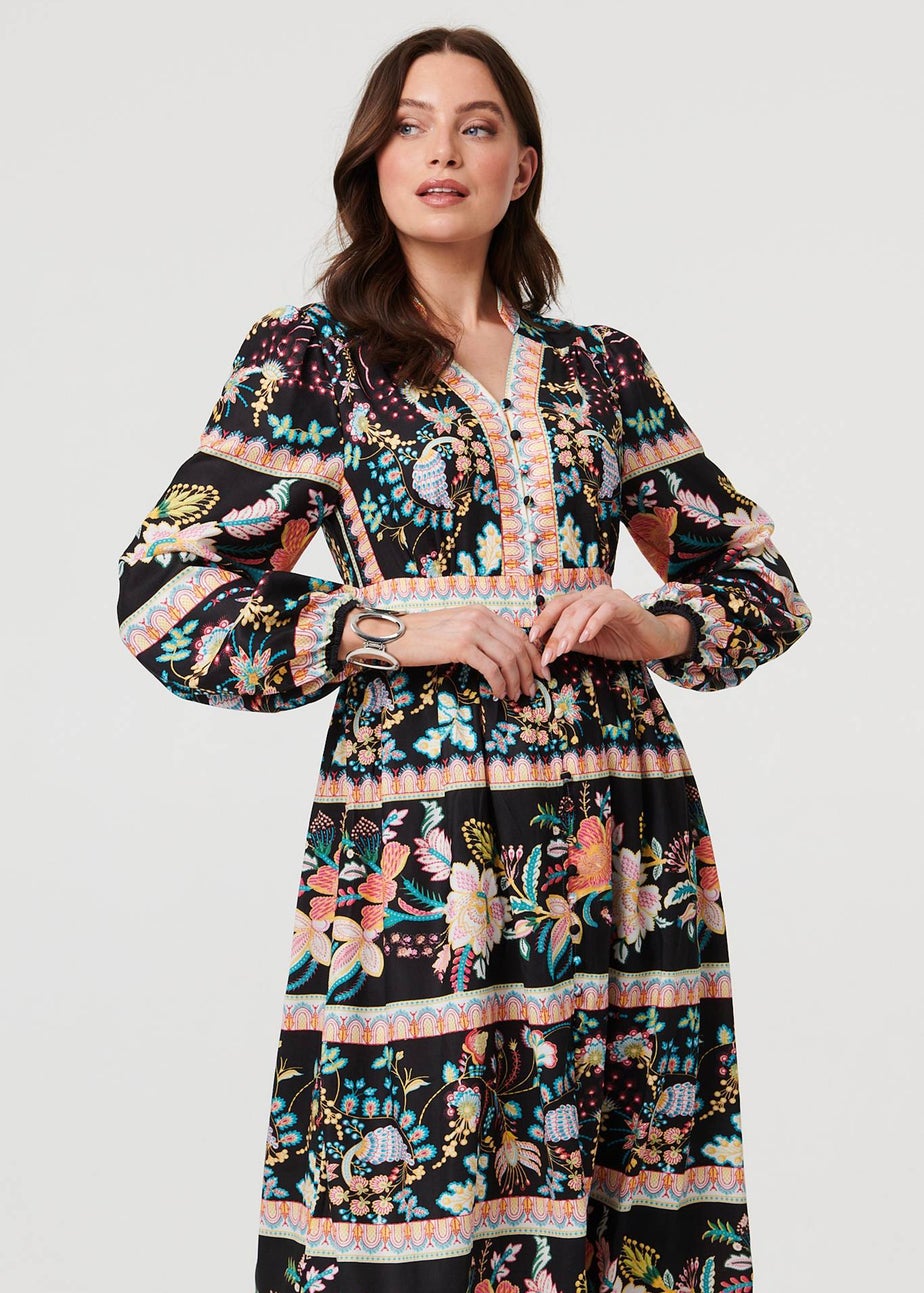 Izabel London Black Floral Long Sleeve Buttoned Midi Dress