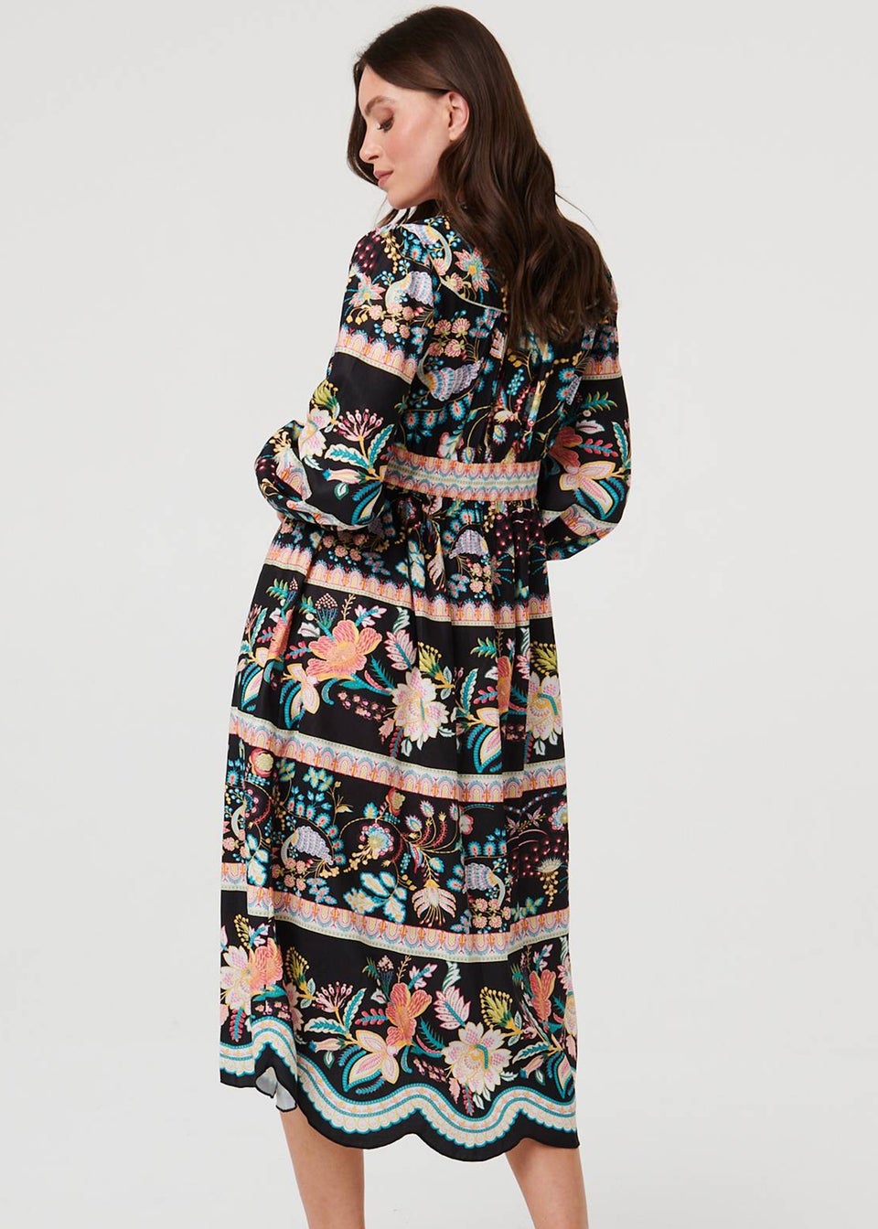 Izabel London Black Floral Long Sleeve Buttoned Midi Dress
