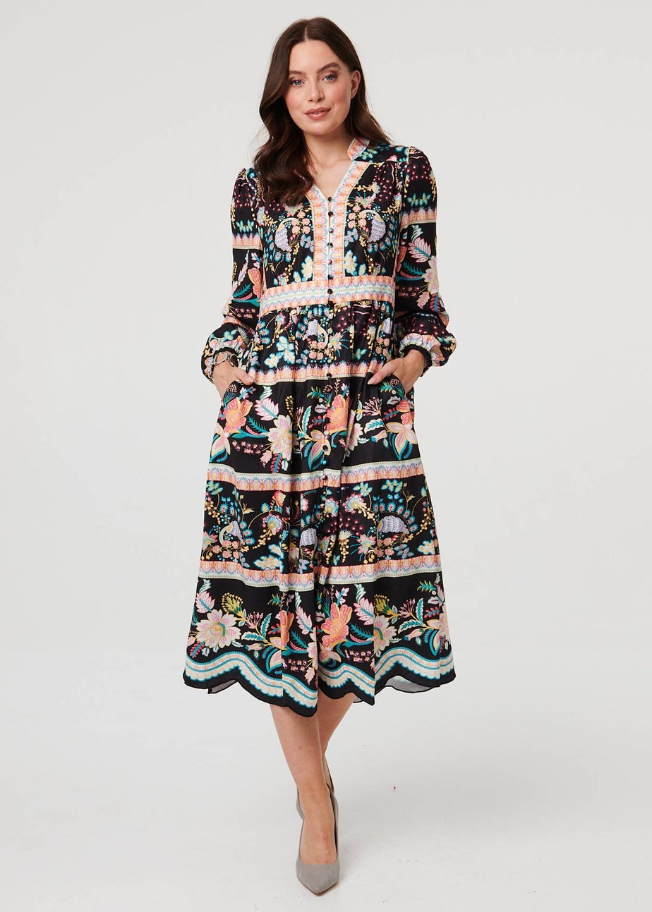 Izabel London Black Floral Long Sleeve Buttoned Midi Dress