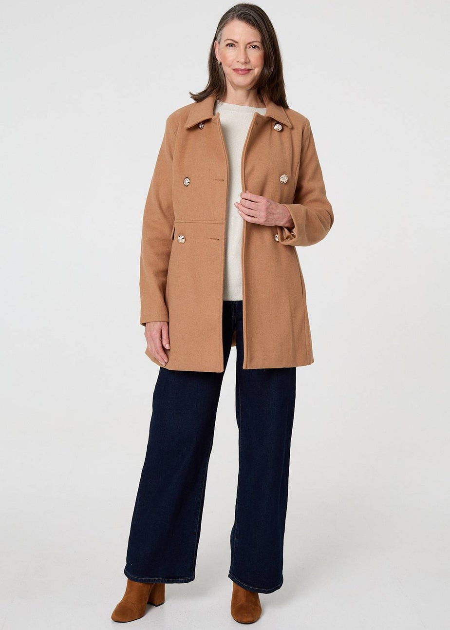 Izabel London Tan Button Detail Double Breasted Jacket