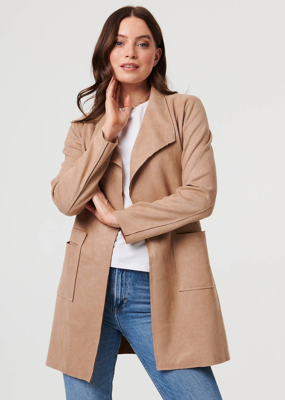 Izabel London Brown Faux Suede Collared Open Front Jacket