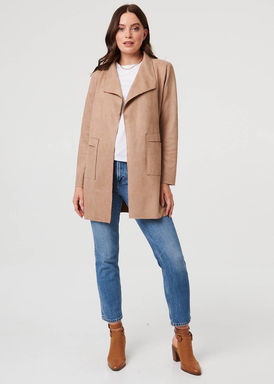 Izabel London Brown Faux Suede Collared Open Front Jacket