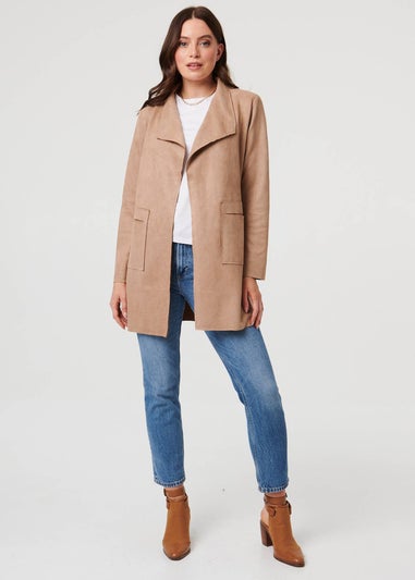 Izabel London Brown Faux Suede Collared Open Front Jacket