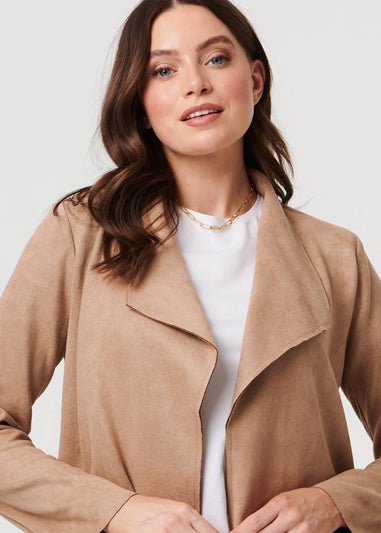 Izabel London Brown Faux Suede Collared Open Front Jacket