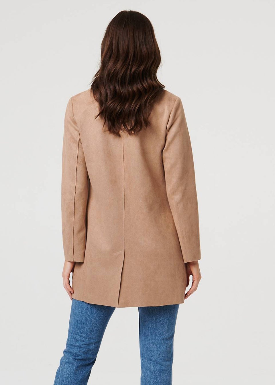 Izabel London Brown Faux Suede Collared Open Front Jacket