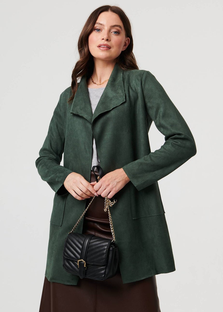 Izabel London Green Faux Suede Collared Open Front Jacket