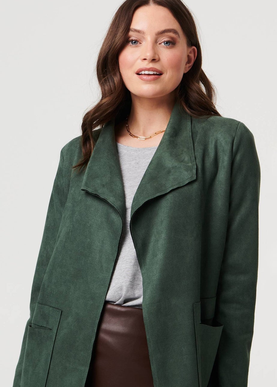 Izabel London Green Faux Suede Collared Open Front Jacket