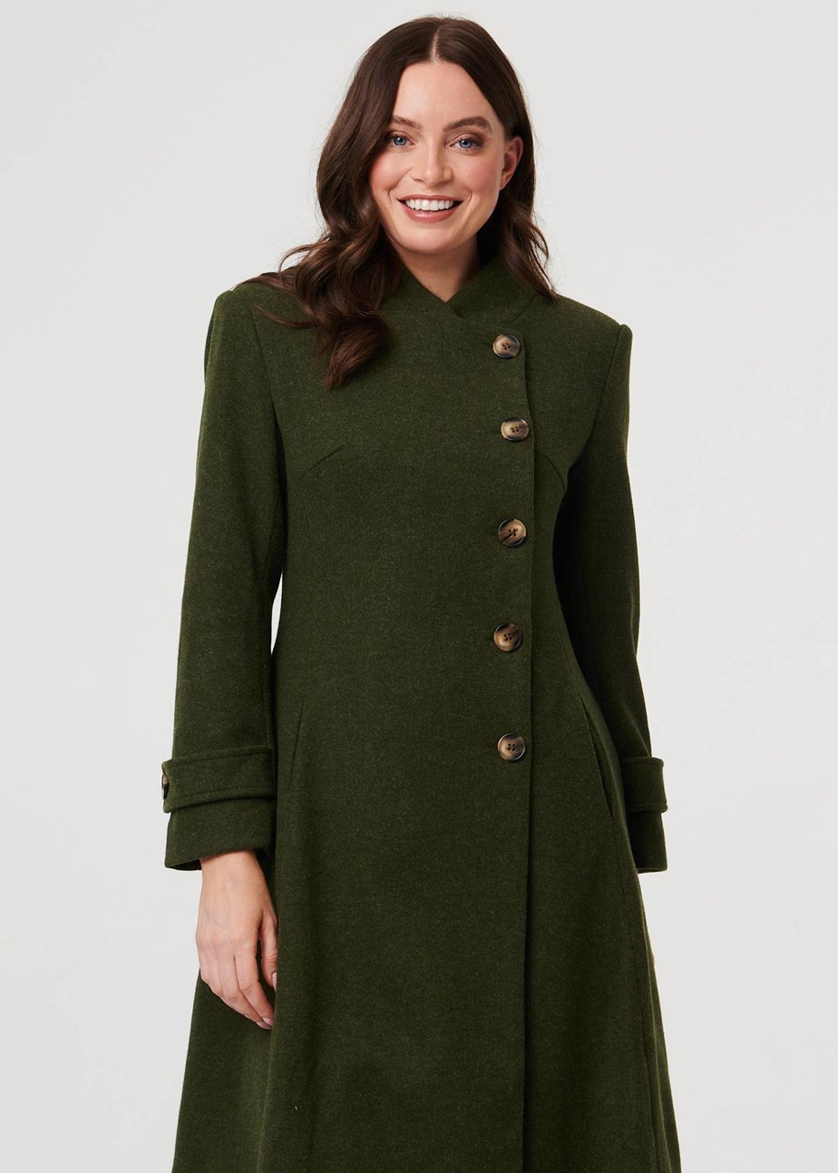 Izabel London Khaki Button Front Funnel Neck Coat