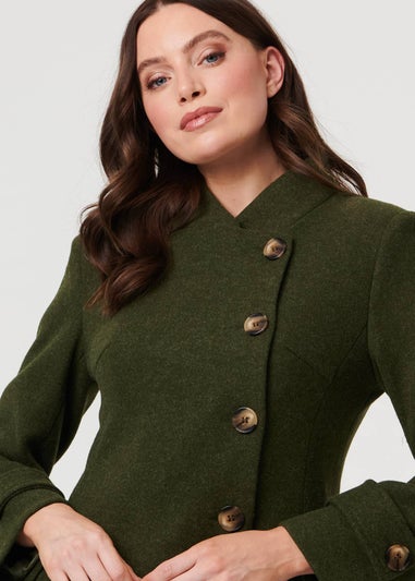 Izabel London Khaki Button Front Funnel Neck Coat
