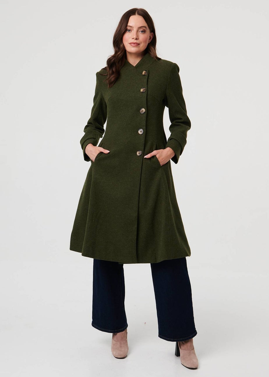 Izabel London Khaki Button Front Funnel Neck Coat
