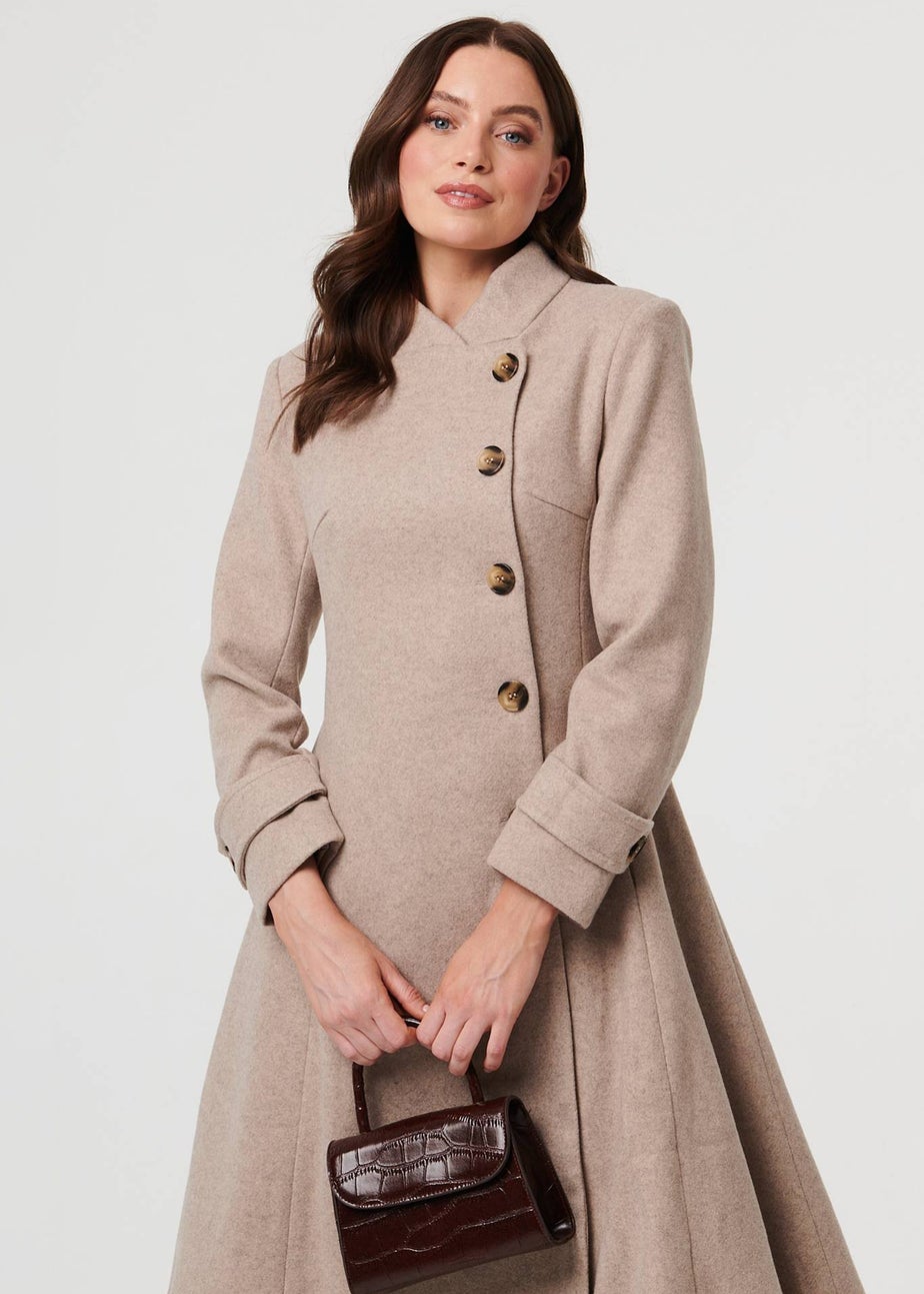 Izabel London Beige Button Front Funnel Neck Coat