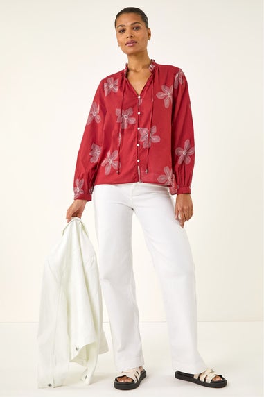 Roman Red Floral Embroidered Blouse