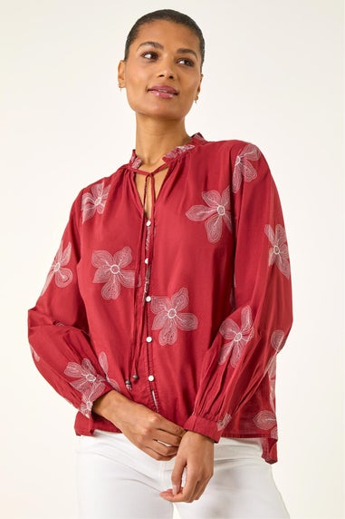Roman Red Floral Embroidered Blouse