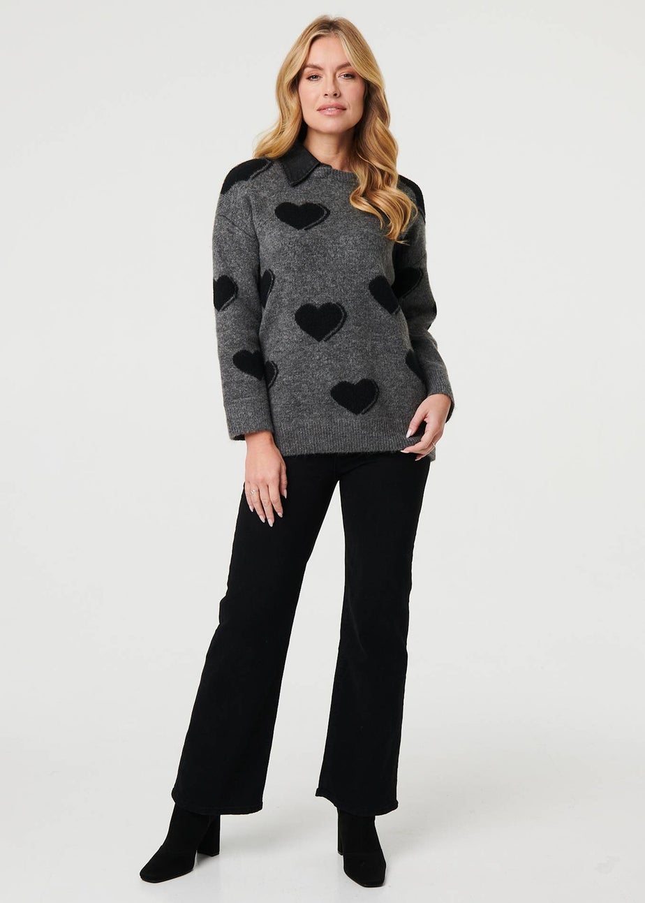 Izabel London Grey Heart Print Denim Trim Collar Jumper