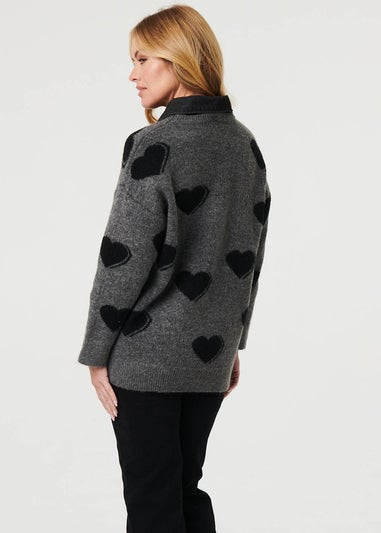 Izabel London Grey Heart Print Denim Trim Collar Jumper