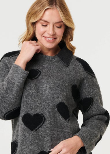 Izabel London Grey Heart Print Denim Trim Collar Jumper
