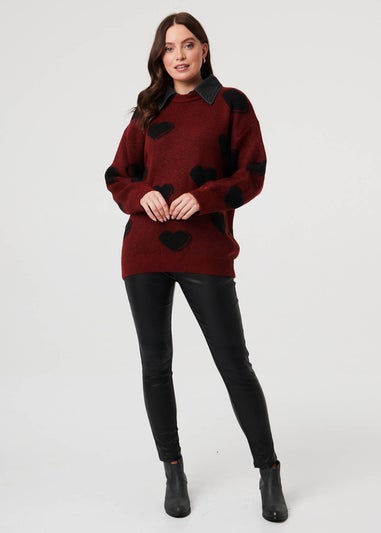 Izabel London Burgundy Heart Print Denim Trim Collar Jumper