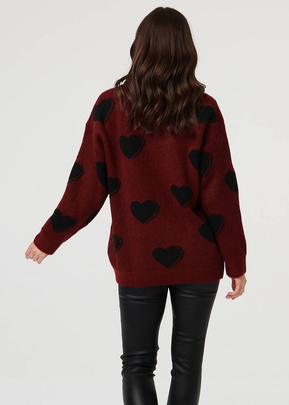 Izabel London Burgundy Heart Print Denim Trim Collar Jumper