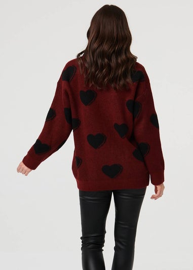 Izabel London Burgundy Heart Print Denim Trim Collar Jumper