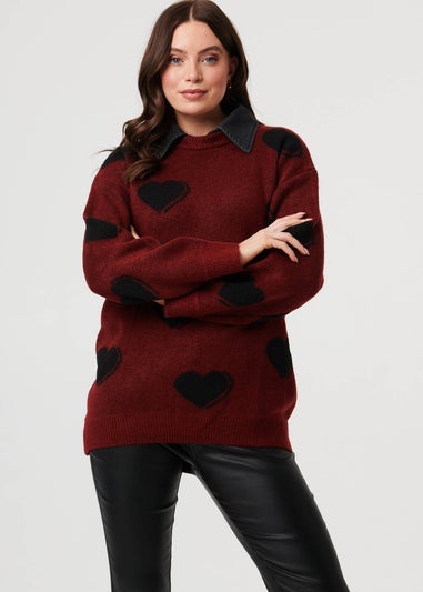 Izabel London Burgundy Heart Print Denim Trim Collar Jumper