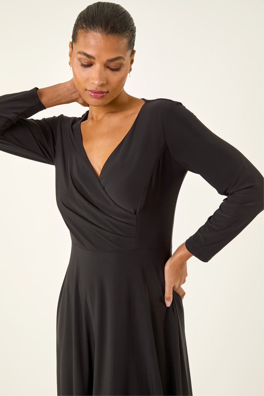 Roman Black Wrap Bodice Tie Waist Midi Dress