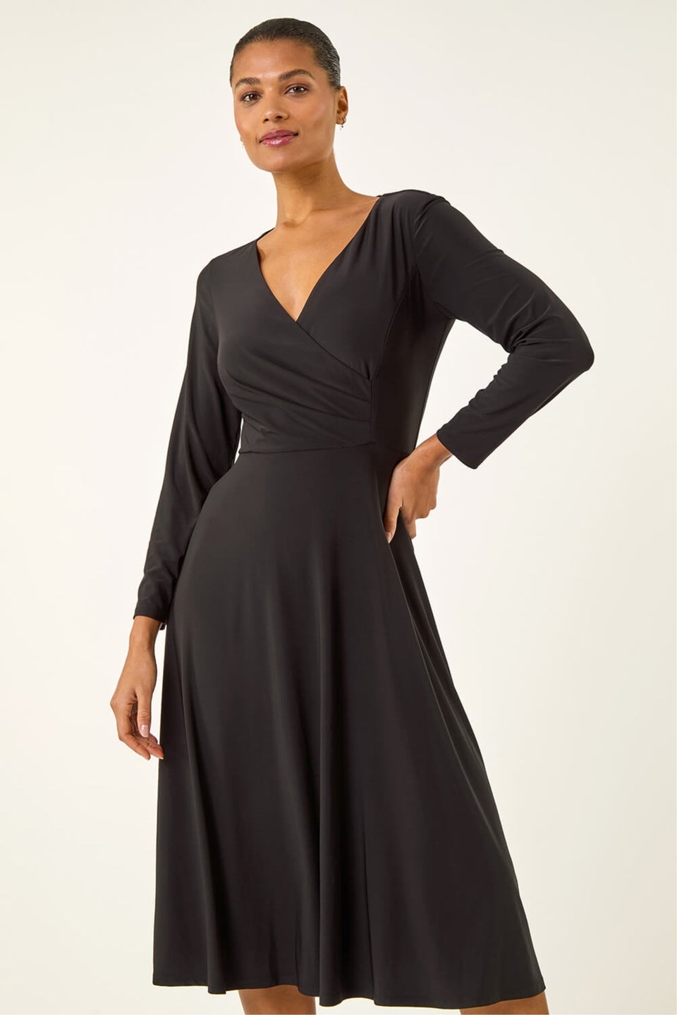 Roman Black Wrap Bodice Tie Waist Midi Dress