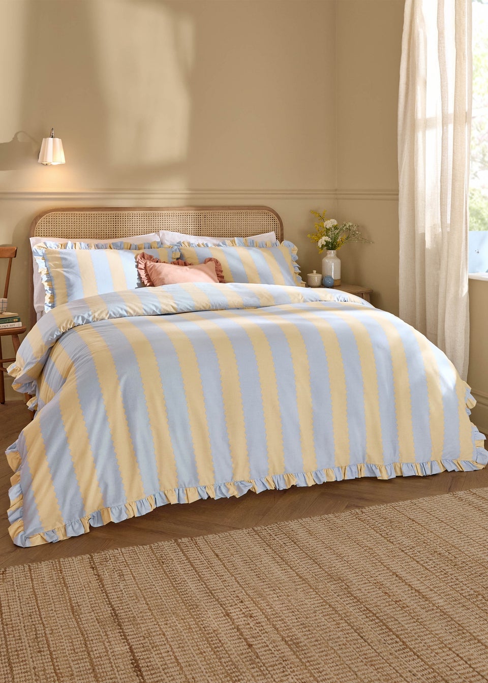 Wylder Nature Birdie Stripe Ruffle Lemon Duvet Cover Set