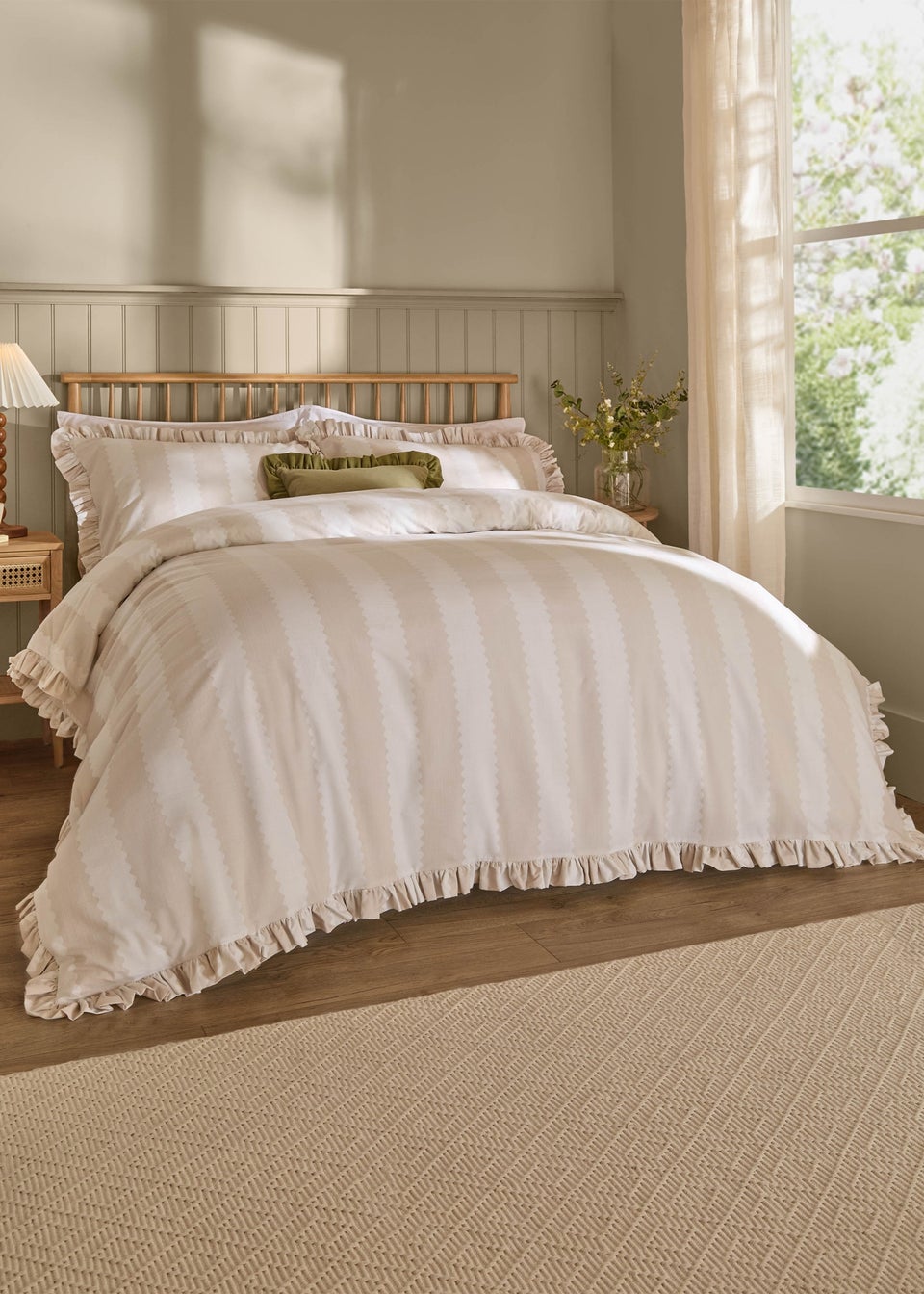 Wylder Nature Birdie Stripe Ruffle Natural Duvet Cover Set