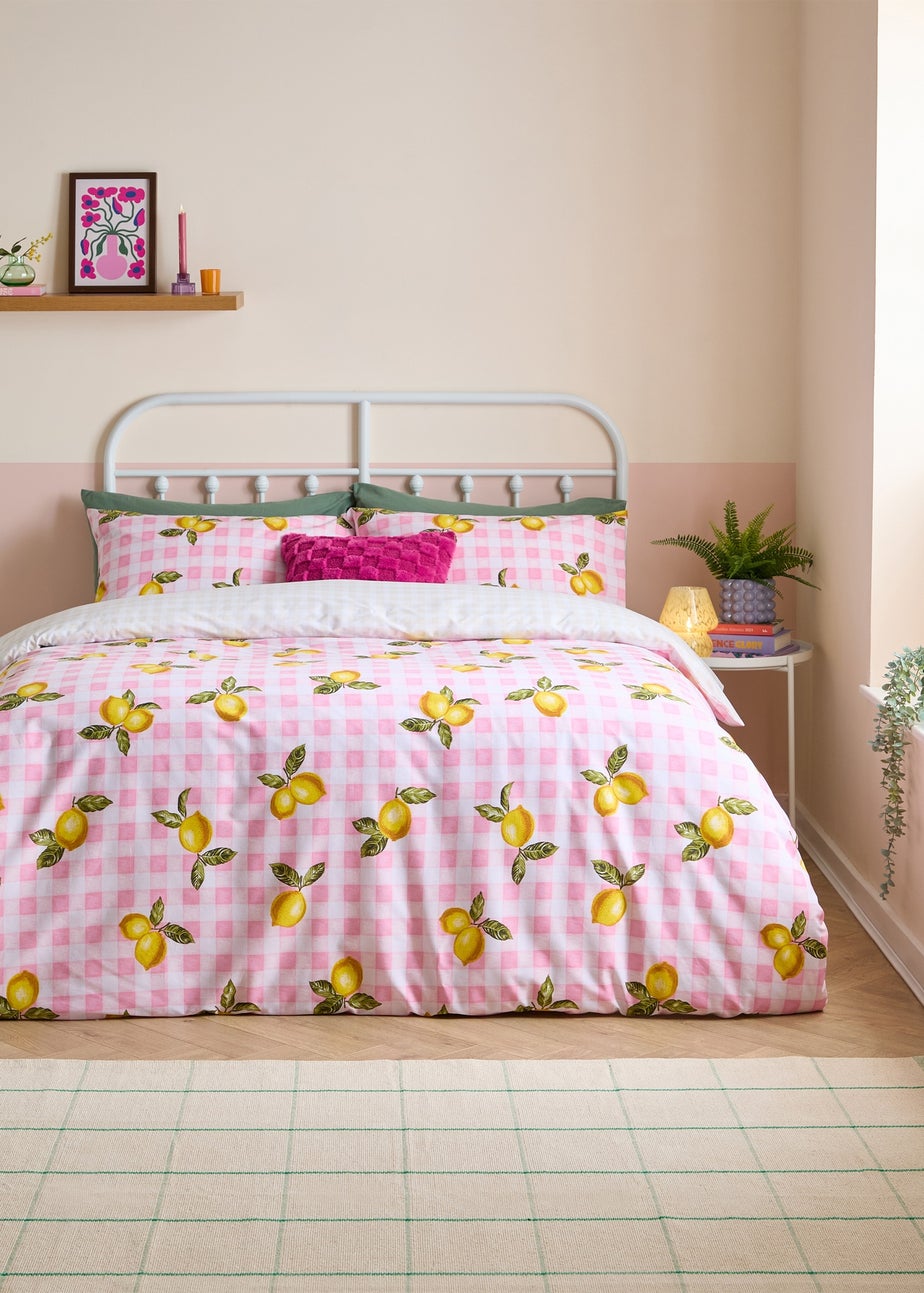Heya Home Gingham Lemons Reversible Pink Duvet Cover Set