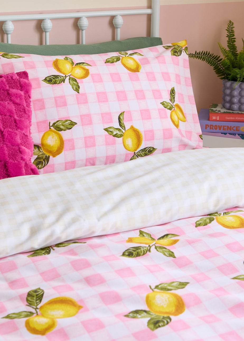 Heya Home Gingham Lemons Reversible Pink Duvet Cover Set
