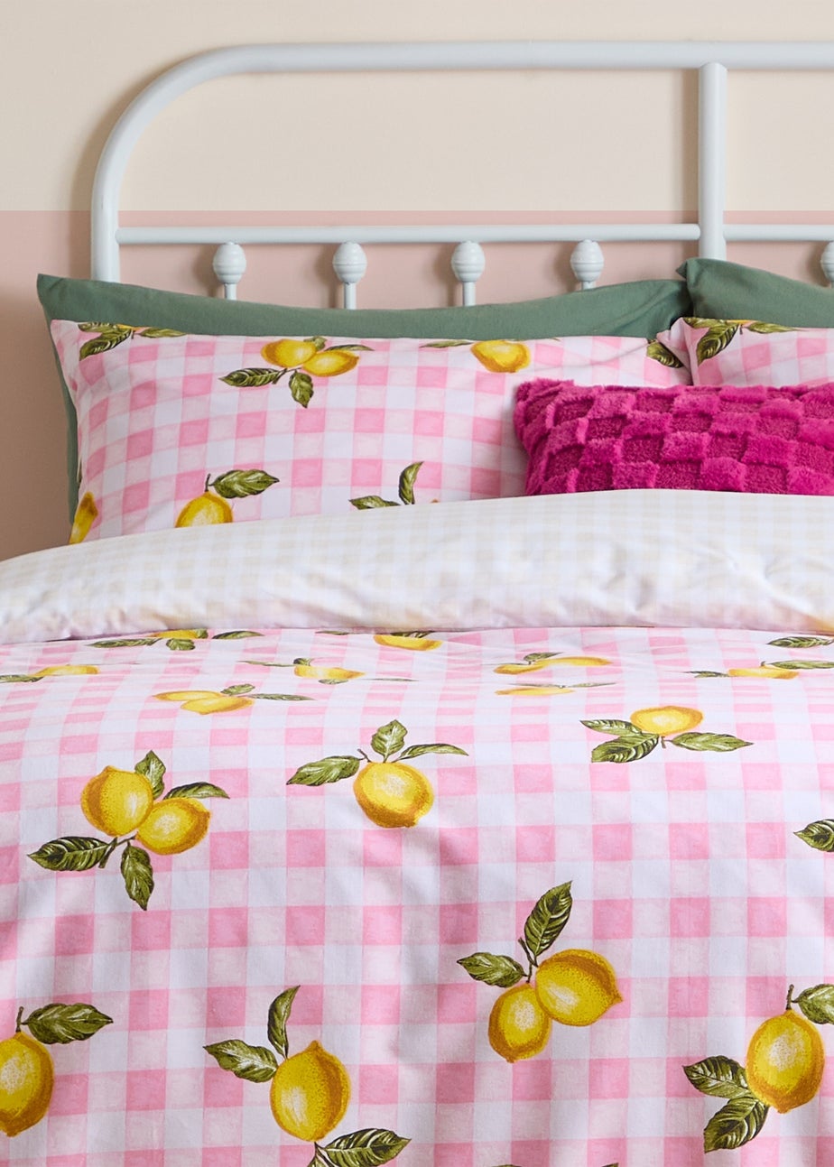 Heya Home Gingham Lemons Reversible Pink Duvet Cover Set