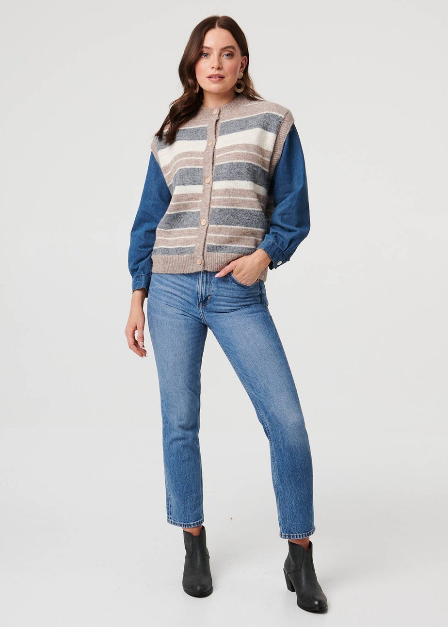 Izabel London Grey Denim Knit Contrast Texture Jacket