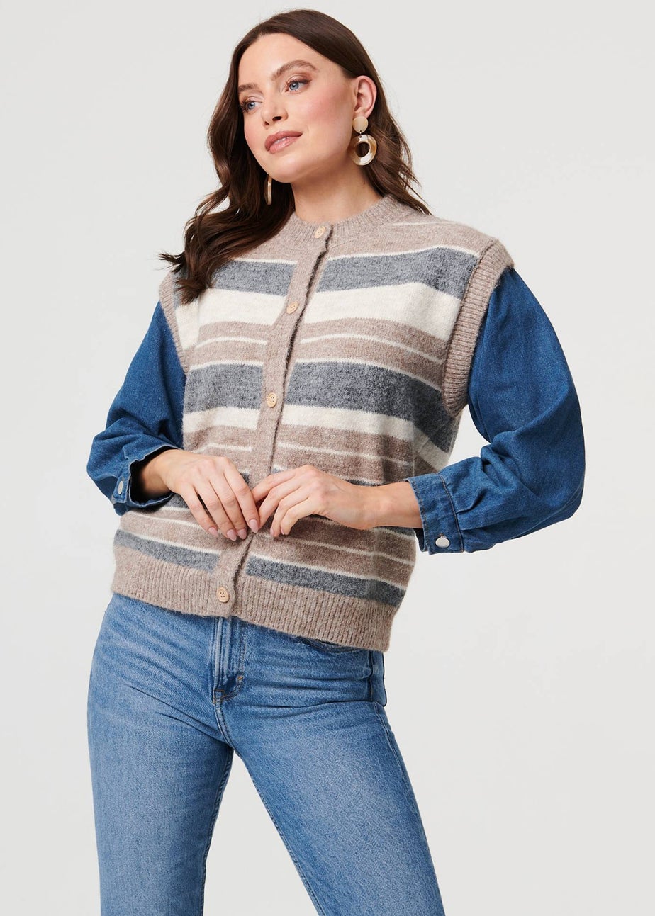 Izabel London Grey Denim Knit Contrast Texture Jacket