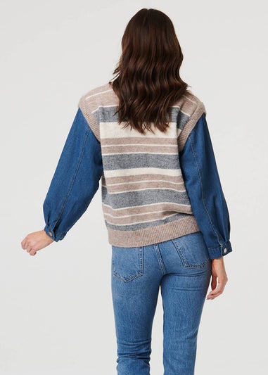 Izabel London Grey Denim Knit Contrast Texture Jacket