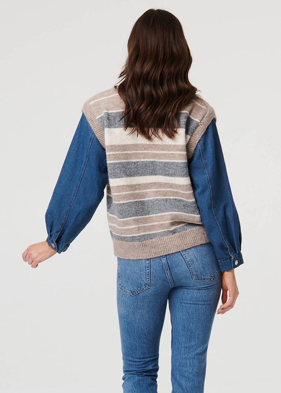 Izabel London Grey Denim Knit Contrast Texture Jacket