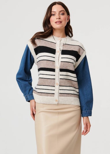 Izabel London Beige Denim Knit Contrast Texture Jacket