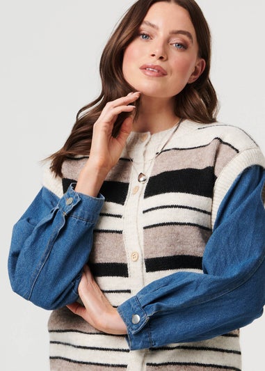 Izabel London Beige Denim Knit Contrast Texture Jacket