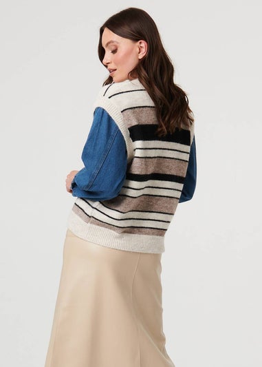 Izabel London Beige Denim Knit Contrast Texture Jacket