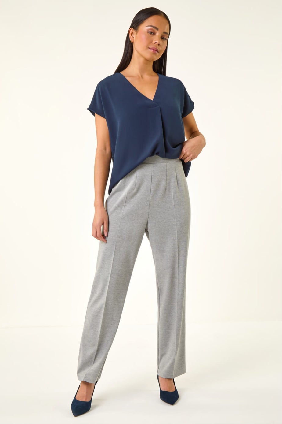 Roman Grey Petite Straight Leg Ponte Stretch Trouser