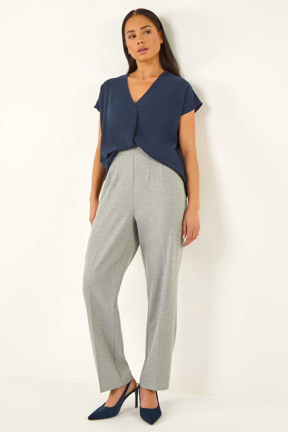 Roman Grey Petite Straight Leg Ponte Stretch Trouser