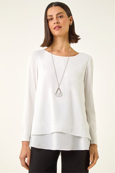 Roman Ivory Chiffon Overlay Necklace Top