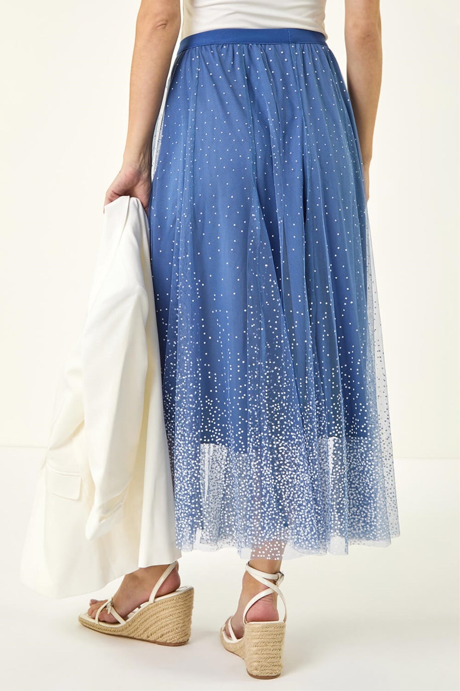 Roman Blue Polka Dot Print Elasticated Mesh Skirt