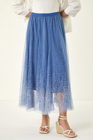 Roman Blue Polka Dot Print Elasticated Mesh Skirt
