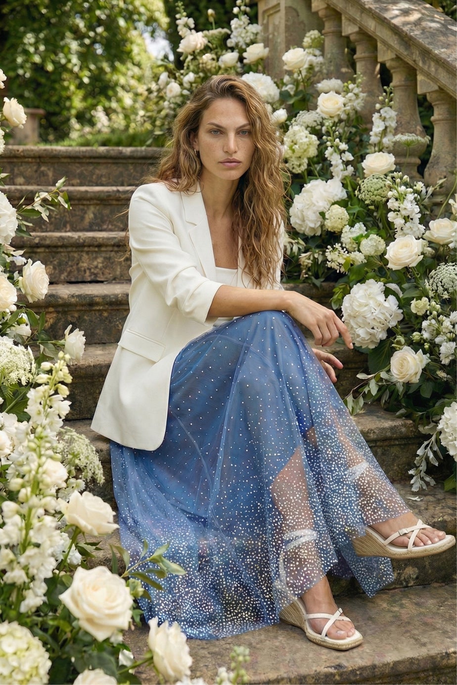 Roman Blue Polka Dot Print Elasticated Mesh Skirt