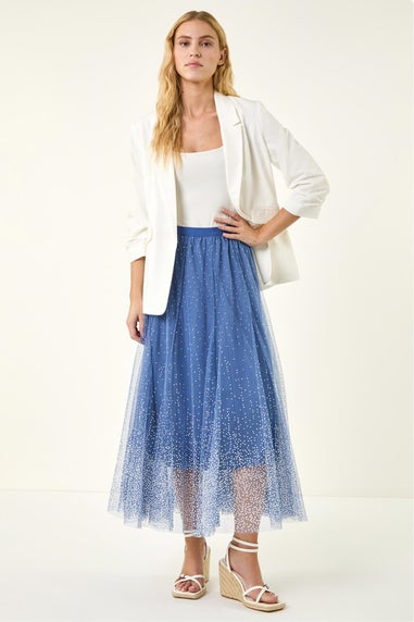 Roman Blue Polka Dot Print Elasticated Mesh Skirt